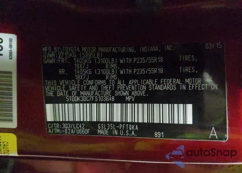 2015 Toyota Sienna Xle 7 Passenger z USA, uszkodzony, nr VIN 5TDDK3DC7FS103648